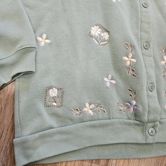 Vtg Embroidered Floral Cardigan Women L Green Fleece Cottagecore Boho Garden Gma - Picture 2 of 6
